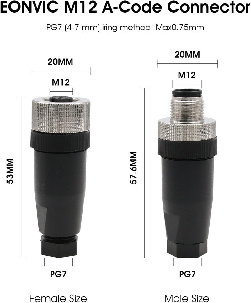 Eonvic M12 8 Pin Male Connector, 12mm A Code IP67 30V 2A AC/DC Industrial Circular Connector, Unshiled Field Assembly Wireable Sensor Straight 2pcs - Image 5